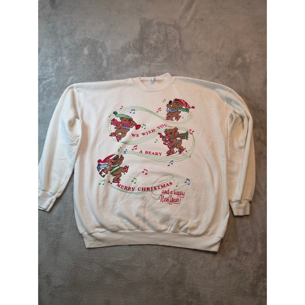 Vintage 1990 Avon Sweatshirt Womens Xl Cream White Christmas Bears Pullover
